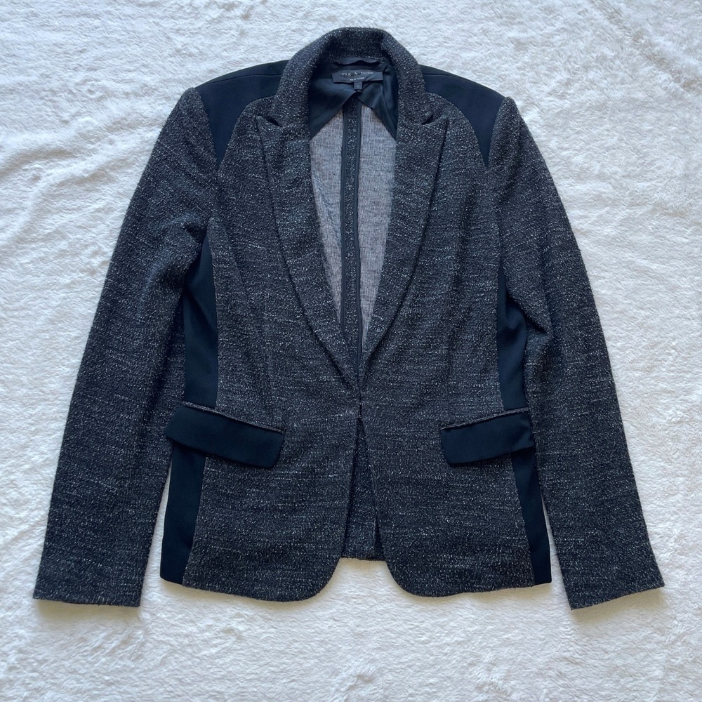 Rag & Bone Howard Gray Black Tweed Mixed Media Blazer Jacket Size 8 Made in USA